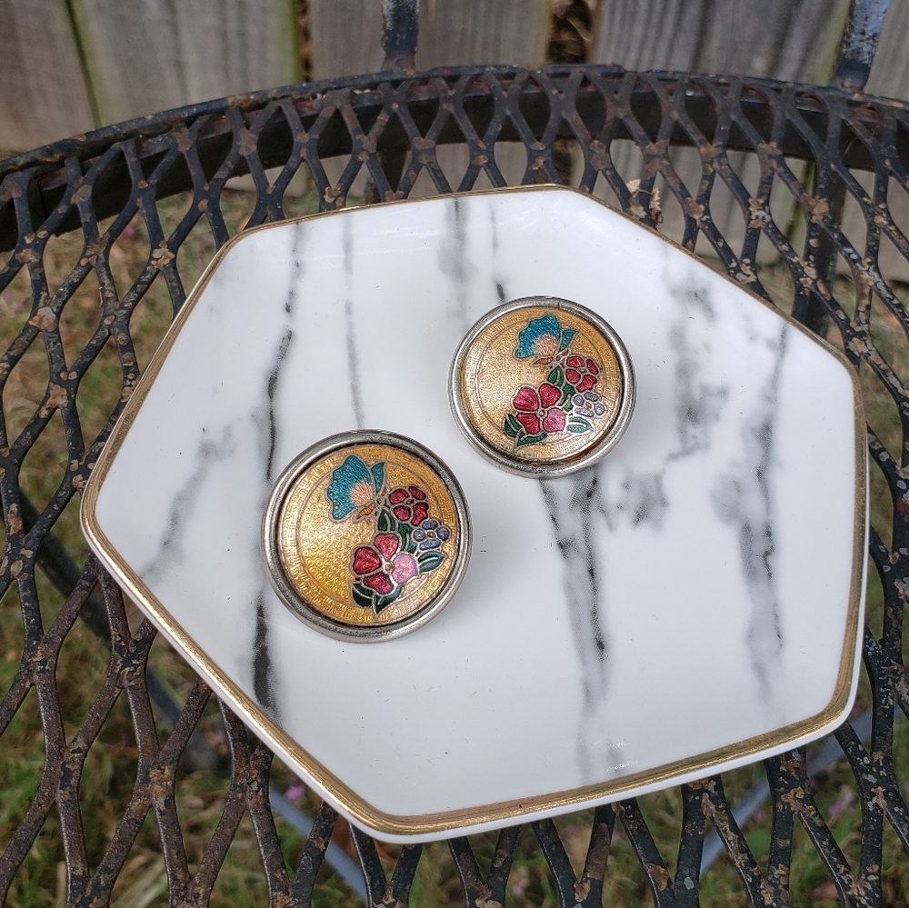 2/$12 Vintage floral cloisonne butterfly earrings